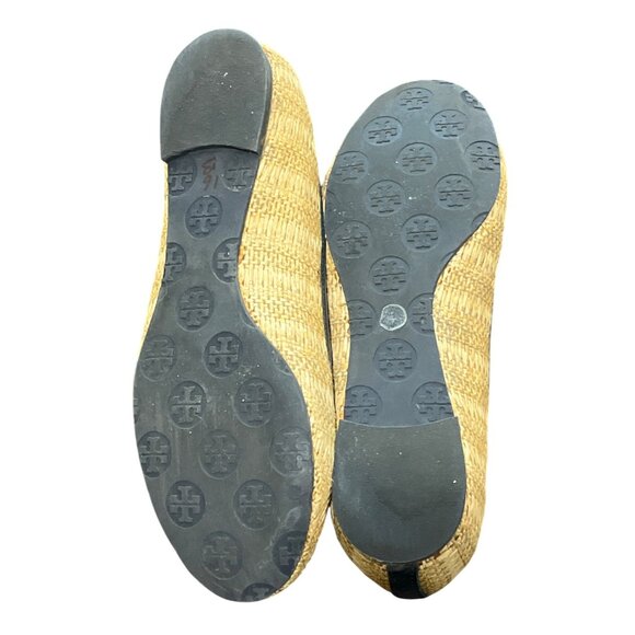Tory Burch Reva Navy & Raffia Straw Woven Flats Logo Womens Size 7.5 - Picture 6 of 9